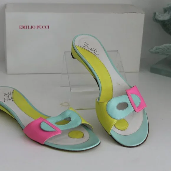 RARE RETRO Emilio Pucci Colorblock Leather Yellow Pink Green Slides Sandals 37.5 - Picture 2 of 11